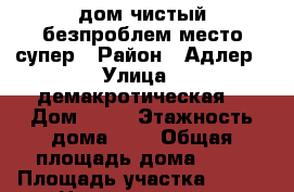 дом чистый безпроблем место супер › Район ­ Адлер › Улица ­ демакротическая  › Дом ­ 88 › Этажность дома ­ 1 › Общая площадь дома ­ 55 › Площадь участка ­ 600 › Цена ­ 12 750 000 - Краснодарский край, Сочи г. Недвижимость » Дома, коттеджи, дачи аренда   